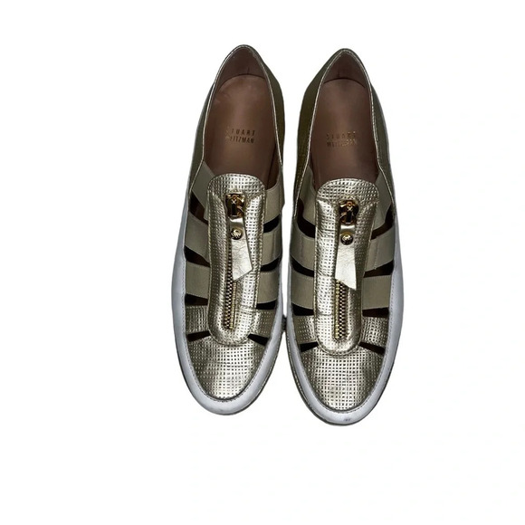 Stuart Weitzman Leather Gold and White  Gateway Zip Sneaker - Picture 1 of 12